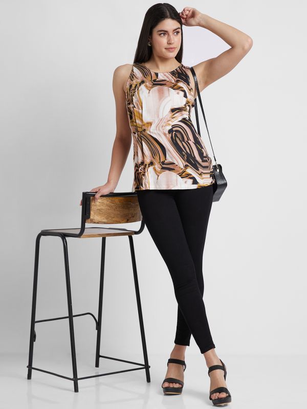 Globus Women Brown Printed Round Neck Sleeveless Top