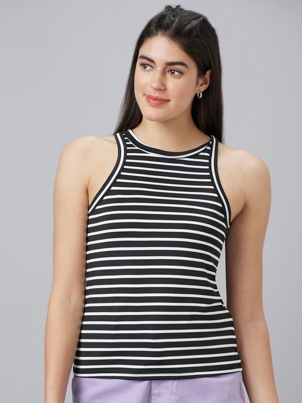 Globus Women Black Striped Round Neck Sleeveless Top