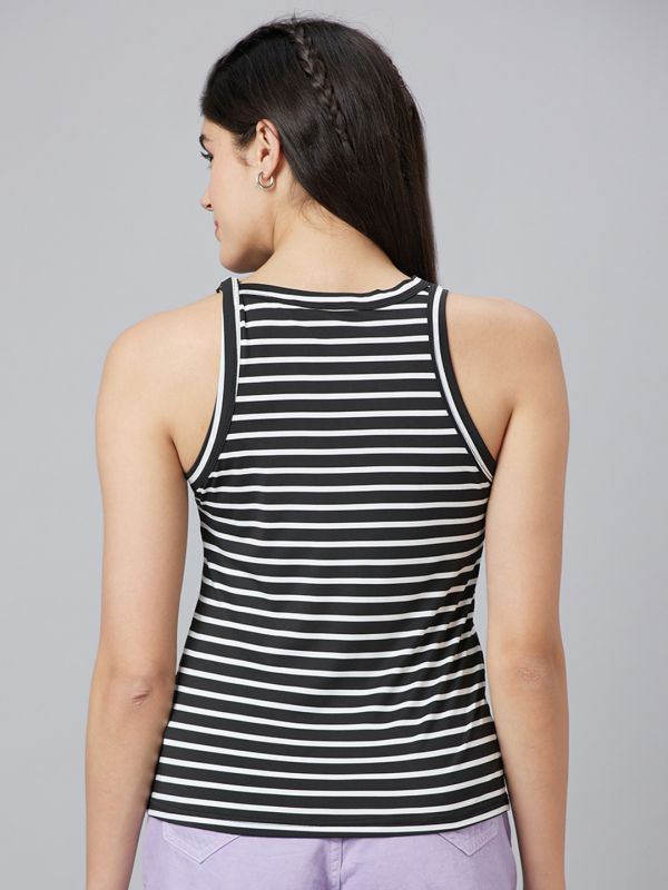 Globus Women Black Striped Round Neck Sleeveless Top