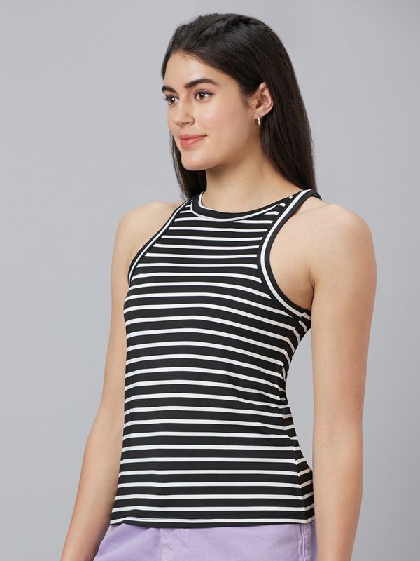 Globus Women Black Striped Round Neck Sleeveless Top