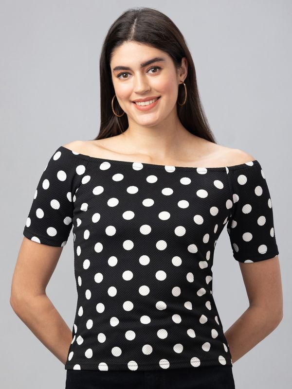 Globus Women Black Printed Off-Shoulder Bardot Top