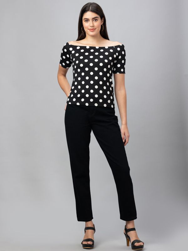Globus Women Black Printed Off-Shoulder Bardot Top