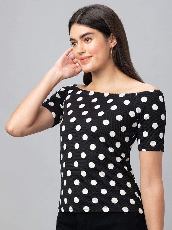 Globus Women Black Printed Off-Shoulder Bardot Top