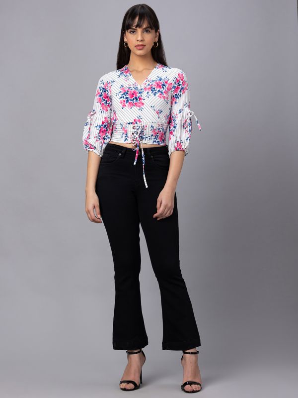 Globus Women Off White Printed V-Neck Cinched Waist Crop Top