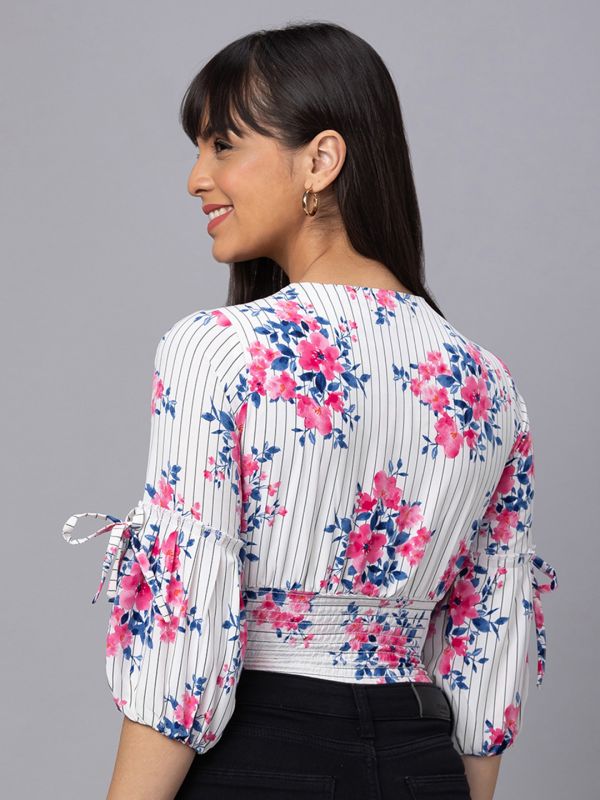 Globus Women Off White Printed V-Neck Cinched Waist Crop Top