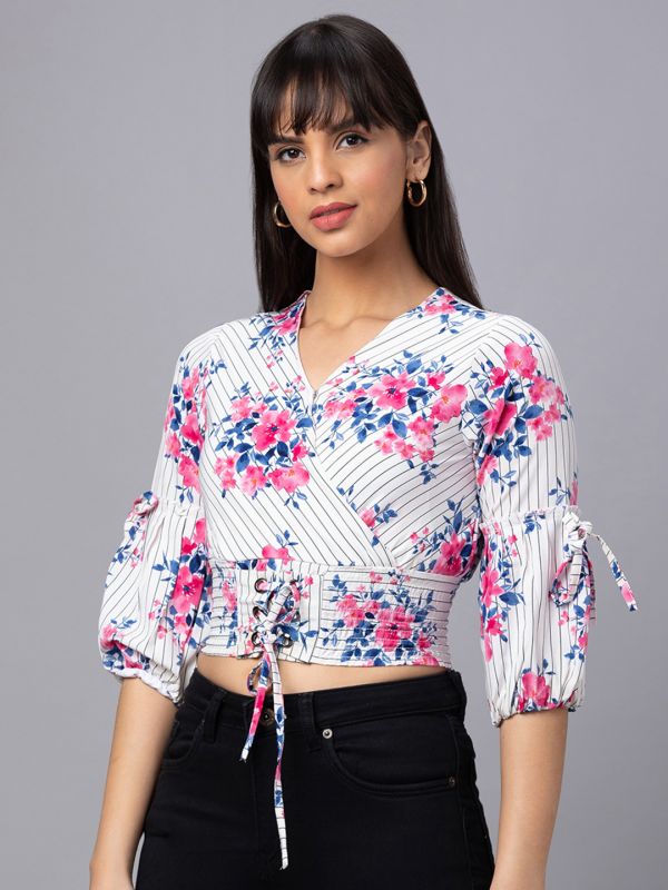 Globus Women Off White Printed V-Neck Cinched Waist Crop Top