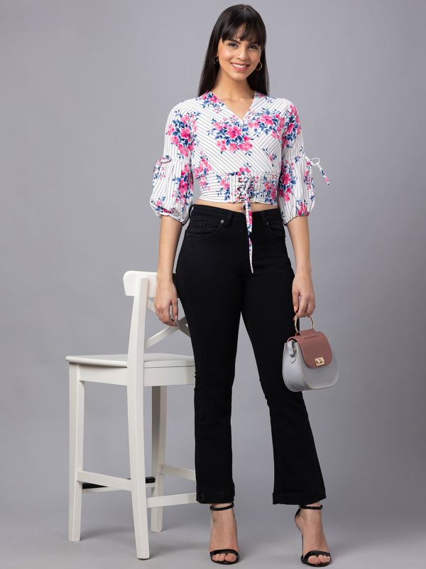Globus Women Off White Printed V-Neck Cinched Waist Crop Top