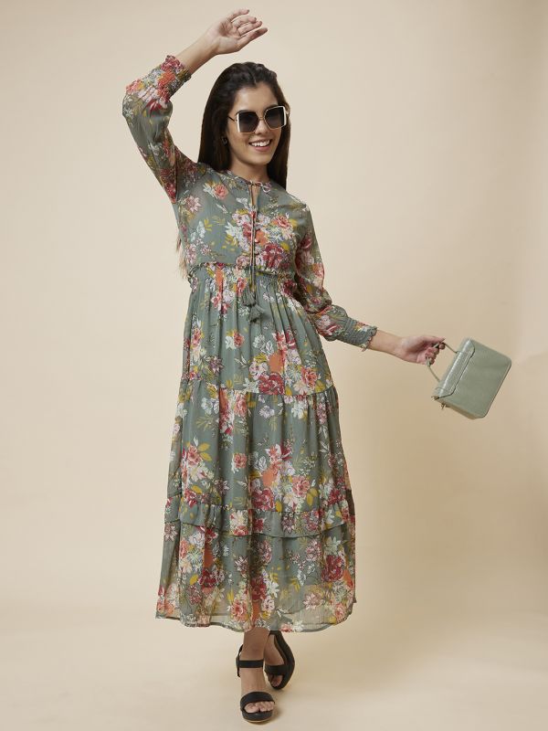 Globus Women Olive Printed Fit and Flare Dress