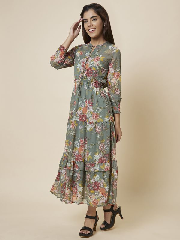 Globus Women Olive Printed Fit and Flare Dress