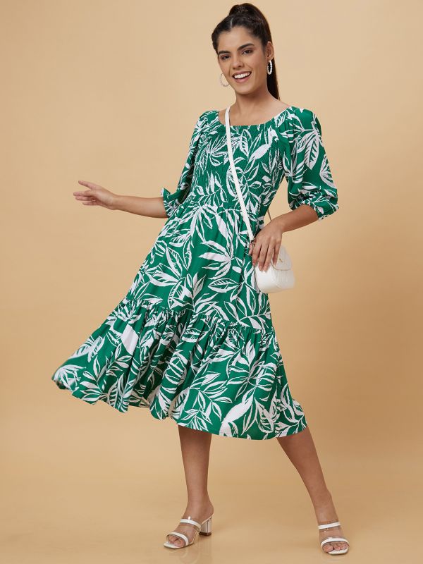 Globus Women Green Printed Fit and Flare Dress