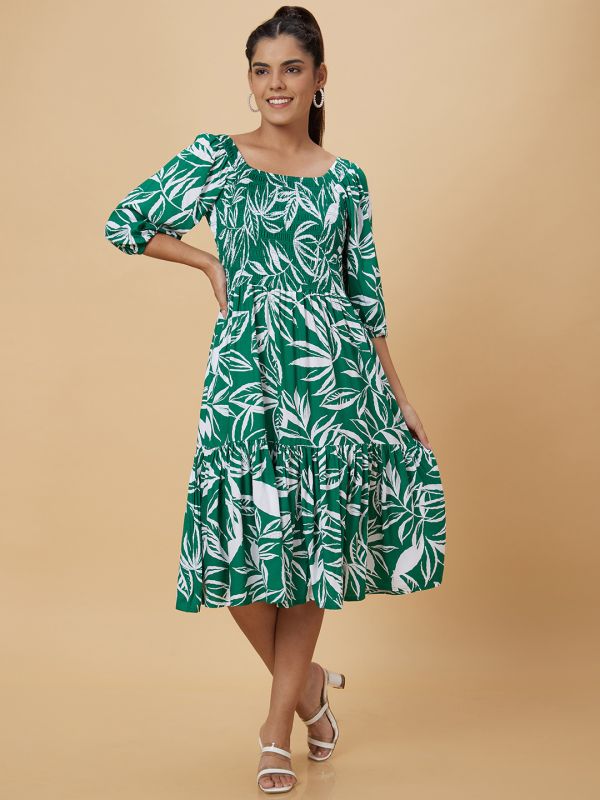 Globus Women Green Printed Fit and Flare Dress