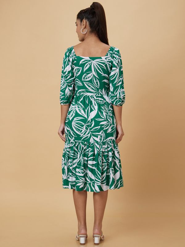 Globus Women Green Printed Fit and Flare Dress