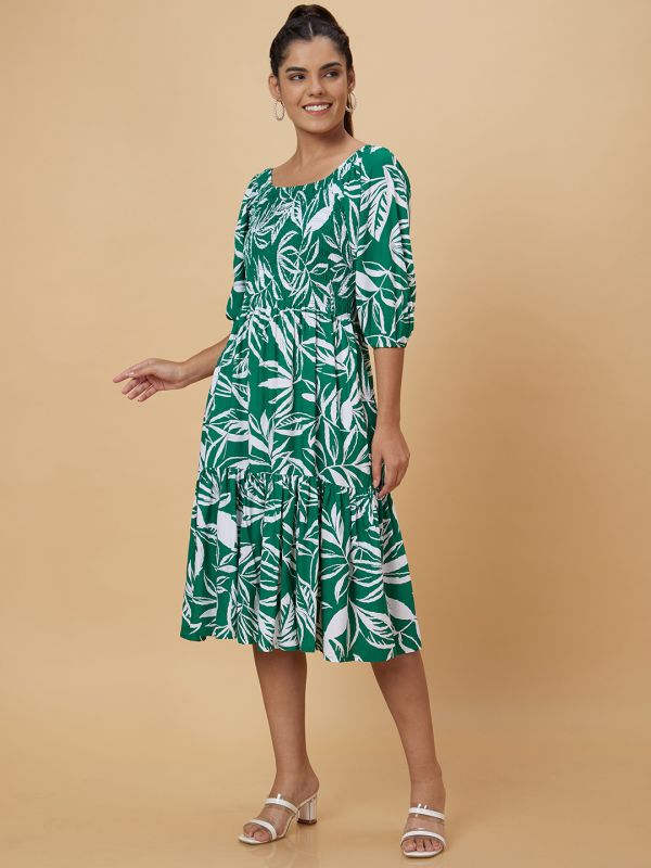 Globus Women Green Printed Fit and Flare Dress