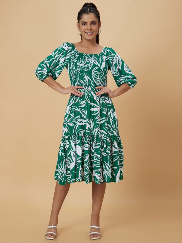 Globus Women Green Printed Fit and Flare Dress