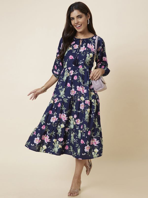 Globus Women Navy Printed Fit and Flare Dress