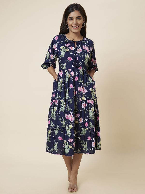 Globus Women Navy Printed Fit and Flare Dress