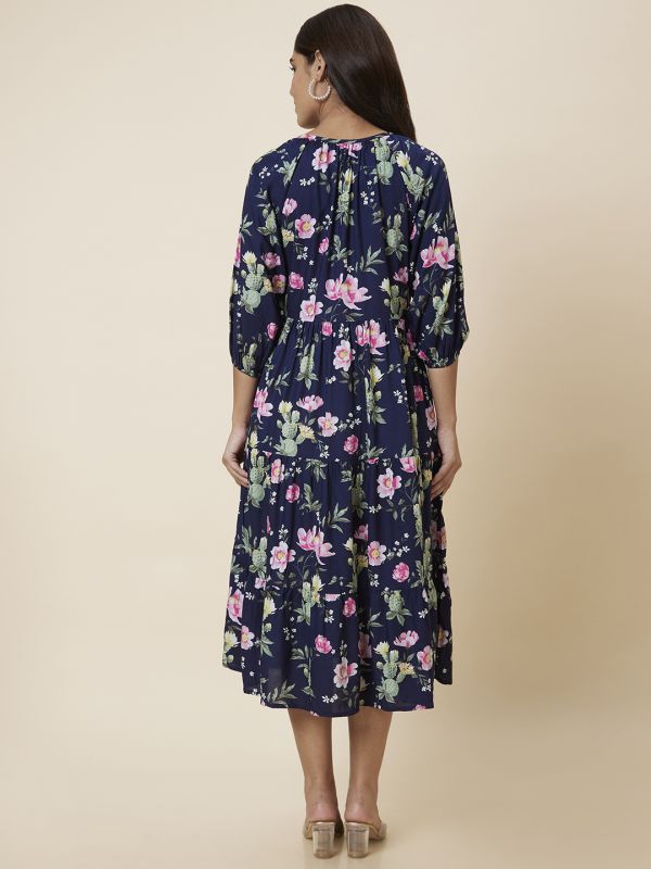 Globus Women Navy Printed Fit and Flare Dress