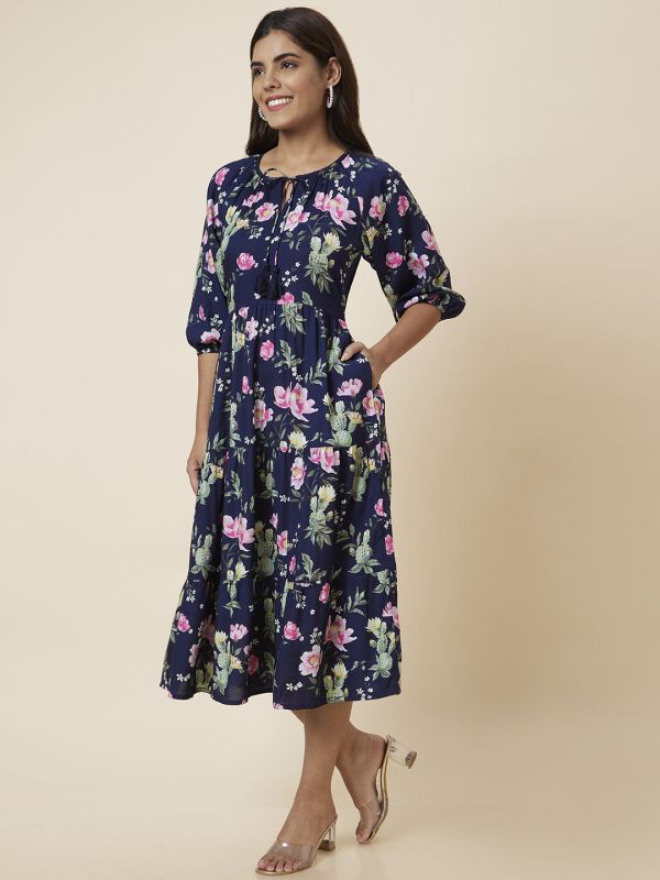 Globus Women Navy Printed Fit and Flare Dress