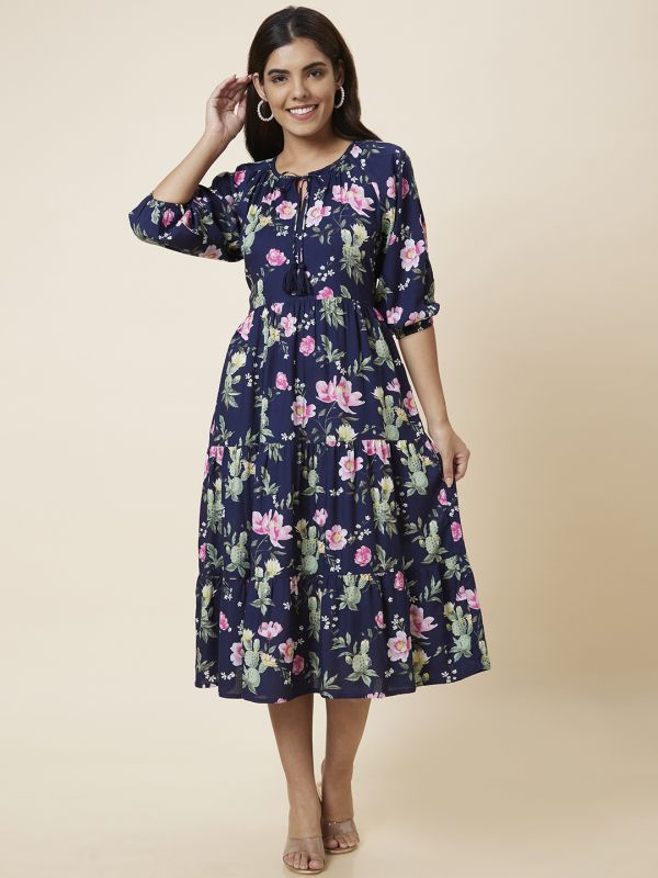 Globus Women Navy Printed Fit and Flare Dress