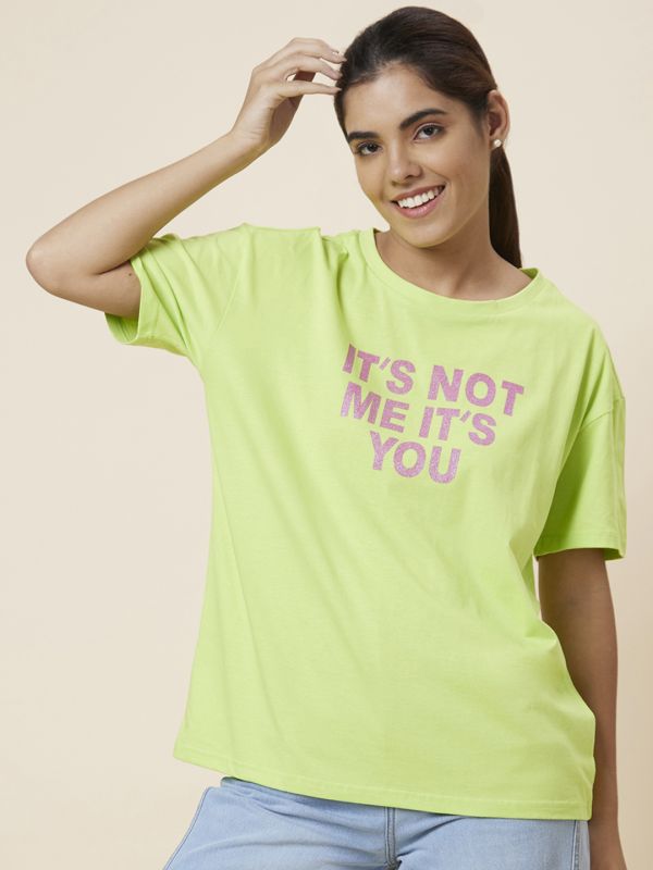 Globus Women Lime Green Boxy Fit Printed Cotton T-Shirt