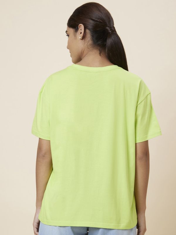 Globus Women Lime Green Boxy Fit Printed Cotton T-Shirt
