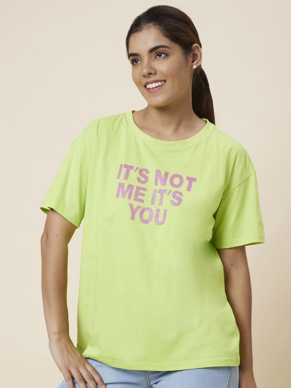 Globus Women Lime Green Boxy Fit Printed Cotton T-Shirt
