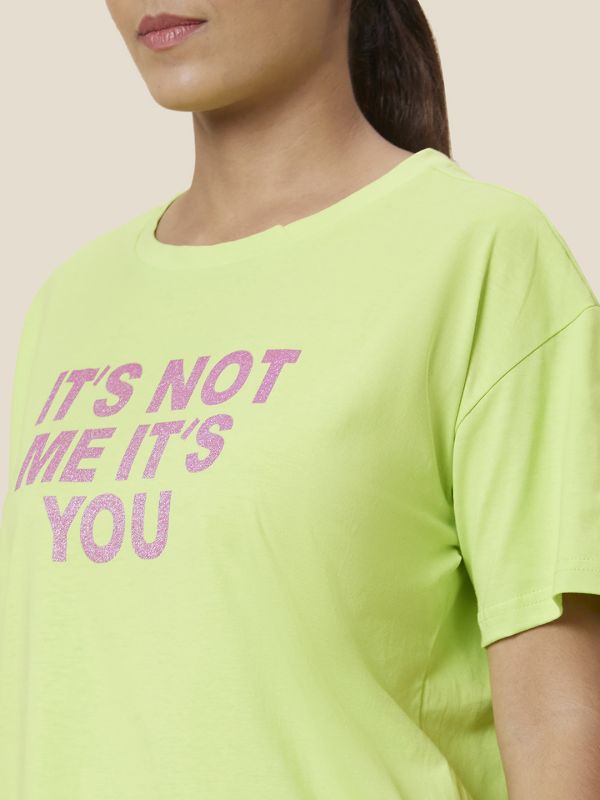 Globus Women Lime Green Boxy Fit Printed Cotton T-Shirt