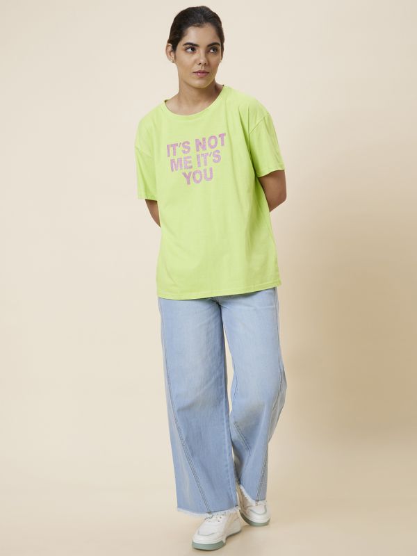 Globus Women Lime Green Boxy Fit Printed Cotton T-Shirt
