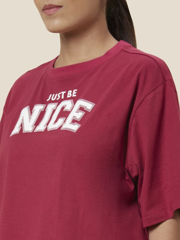 Globus Women Maroon Boxy Fit Printed Cotton T-Shirt