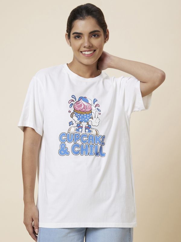 Globus Women Off White Loose Fit Printed Cotton T-Shirt