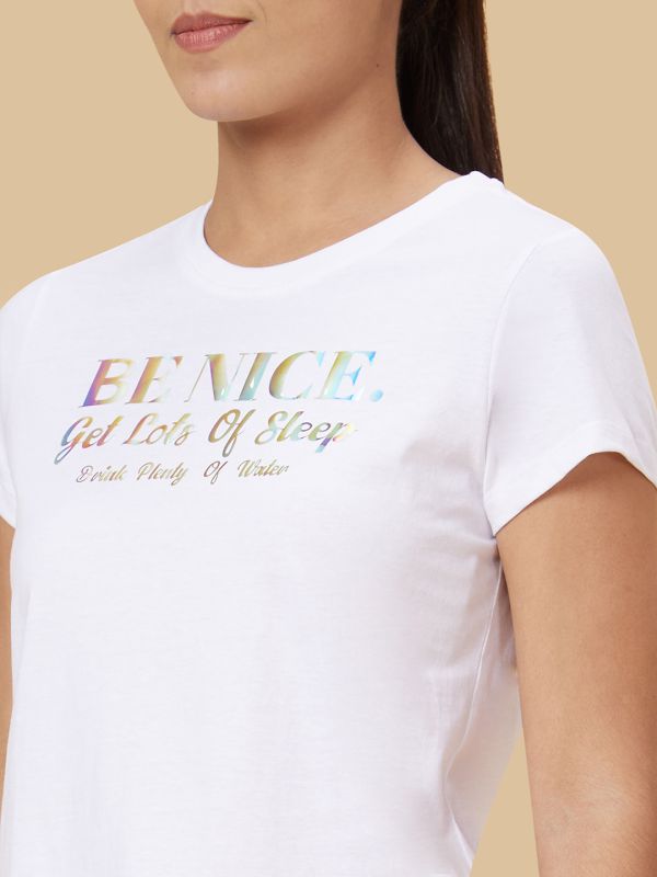 Globus Women Off White Printed Cotton T-Shirt