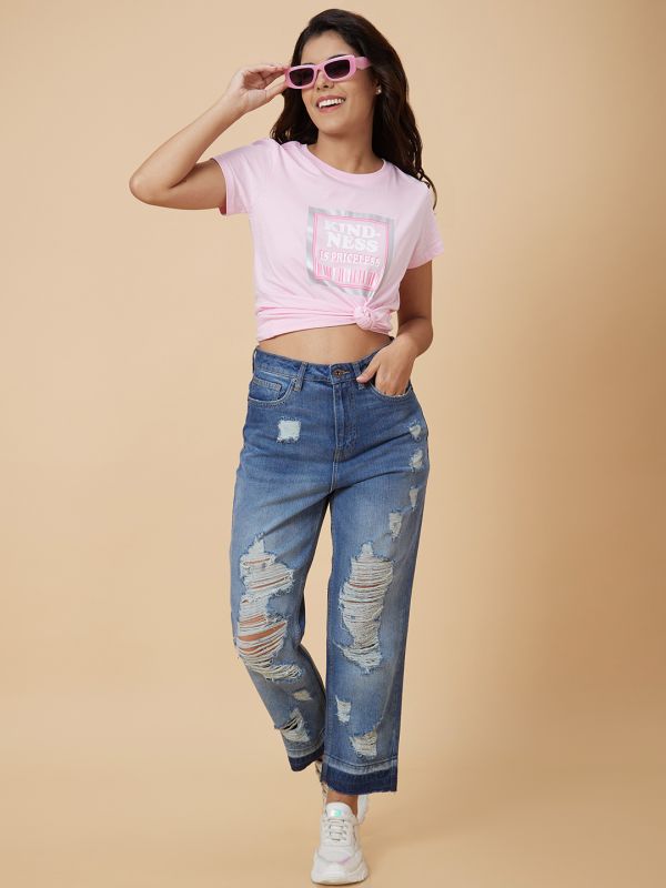 Globus Women Pink Printed Cotton T-Shirt