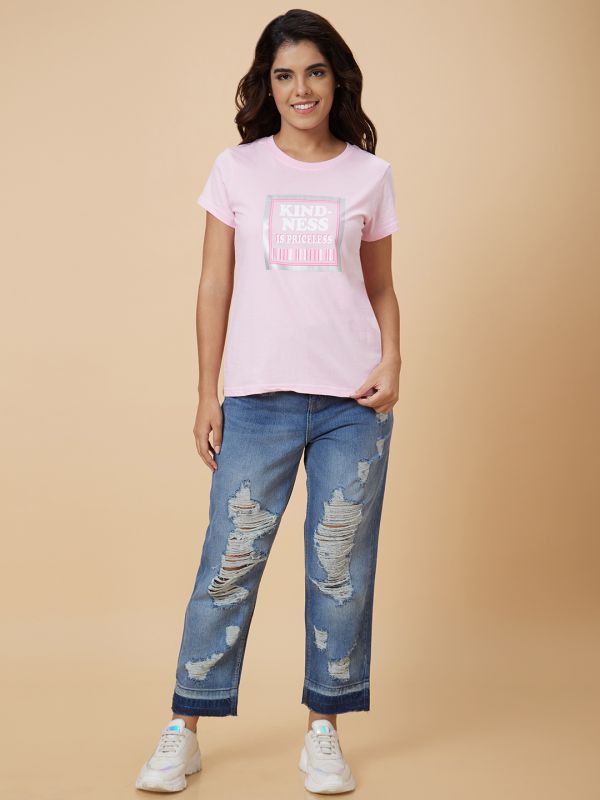 Globus Women Pink Printed Cotton T-Shirt