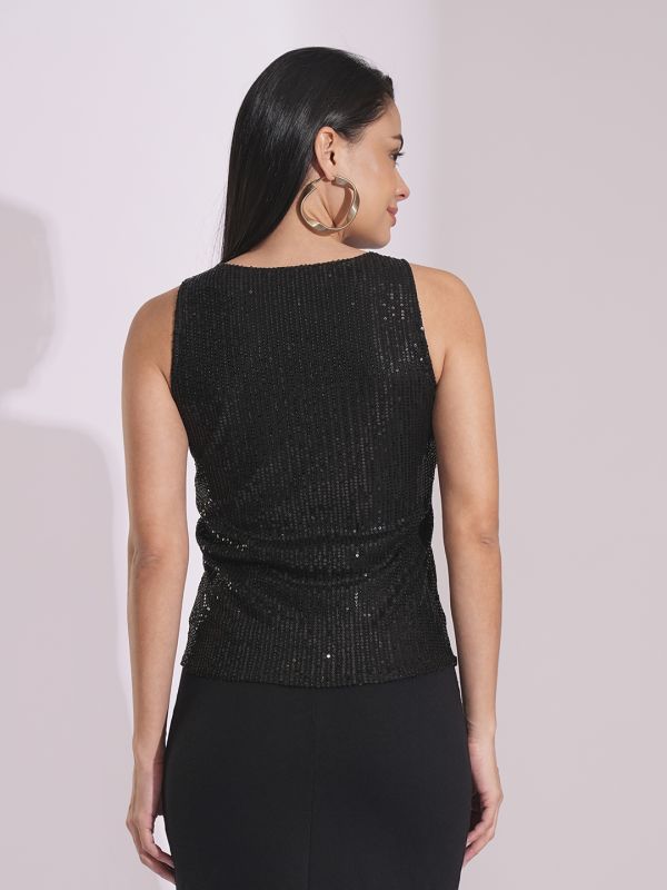 Globus Women Black Sequinned Sleeveless Party Top