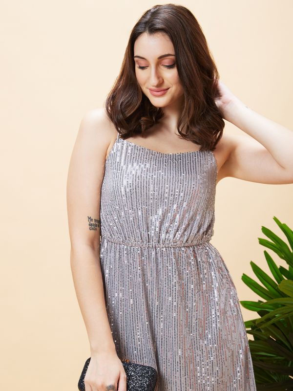 Globus Women Silver Sequined Embellished Strappy Party A-Line Dress