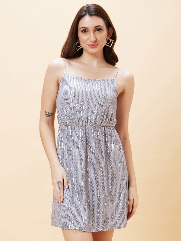 Globus Women Silver Sequined Embellished Strappy Party A-Line Dress