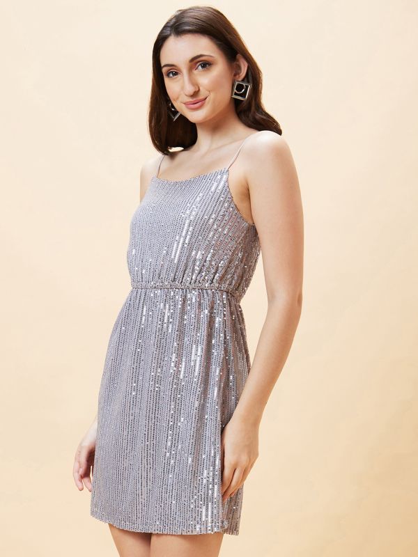 Globus Women Silver Sequined Embellished Strappy Party A-Line Dress