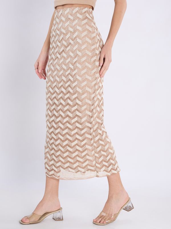 Globus Women Beige Chevron Pattern Crochet Mid Rise Back Slit Pencil Midi Skirt