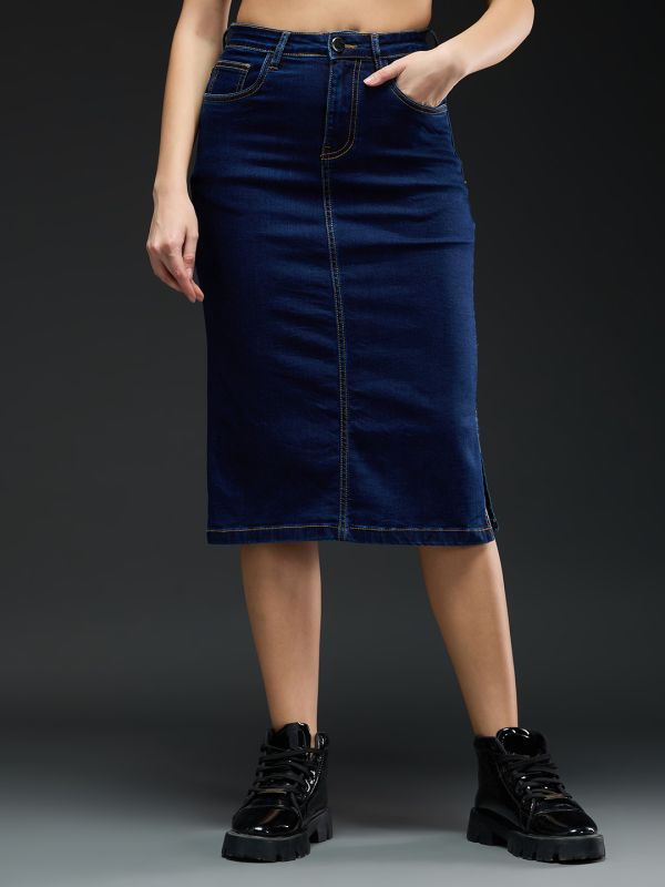 Globus Women Blue Solid Mid-Rise Side Slit Midi Denim Skirt