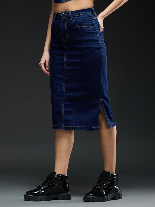 Globus Women Blue Solid Mid-Rise Side Slit Midi Denim Skirt