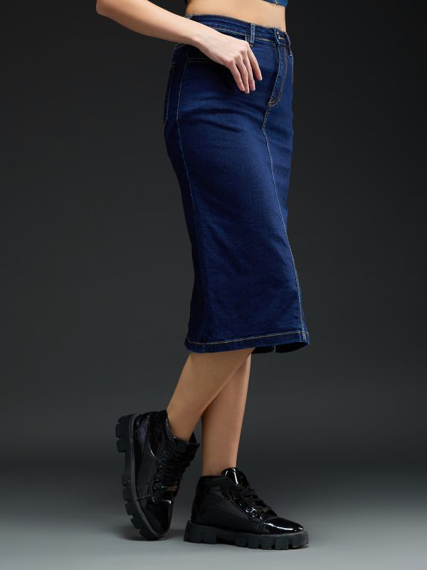 Globus Women Blue Solid Mid-Rise Side Slit Midi Denim Skirt