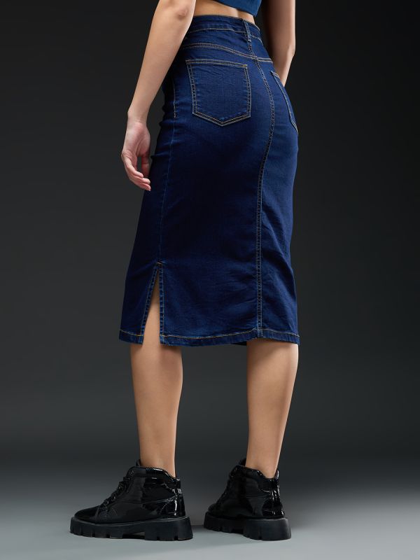 Globus Women Blue Solid Mid-Rise Side Slit Midi Denim Skirt