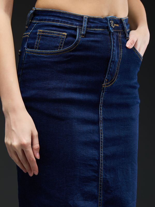 Globus Women Blue Solid Mid-Rise Side Slit Midi Denim Skirt