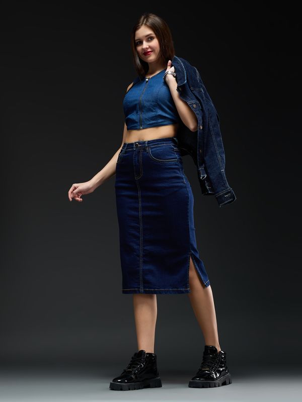 Globus Women Blue Solid Mid-Rise Side Slit Midi Denim Skirt