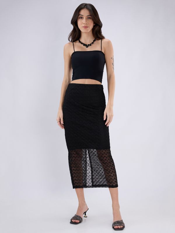 Globus Women Black Mid Rise Self Design Lace Midi Pencil Party Skirt