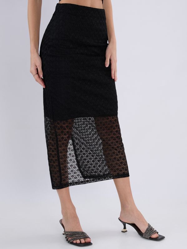 Globus Women Black Mid Rise Self Design Lace Midi Pencil Party Skirt