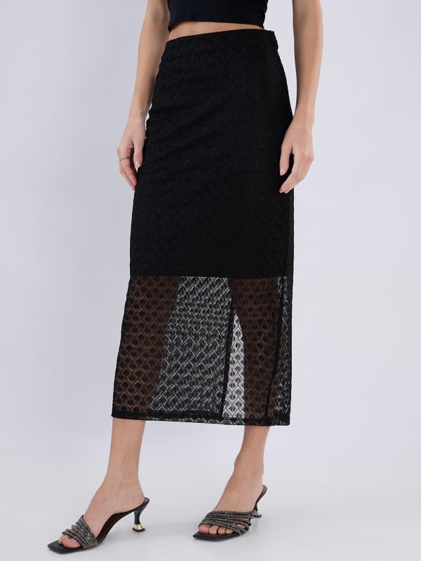 Globus Women Black Mid Rise Self Design Lace Midi Pencil Party Skirt