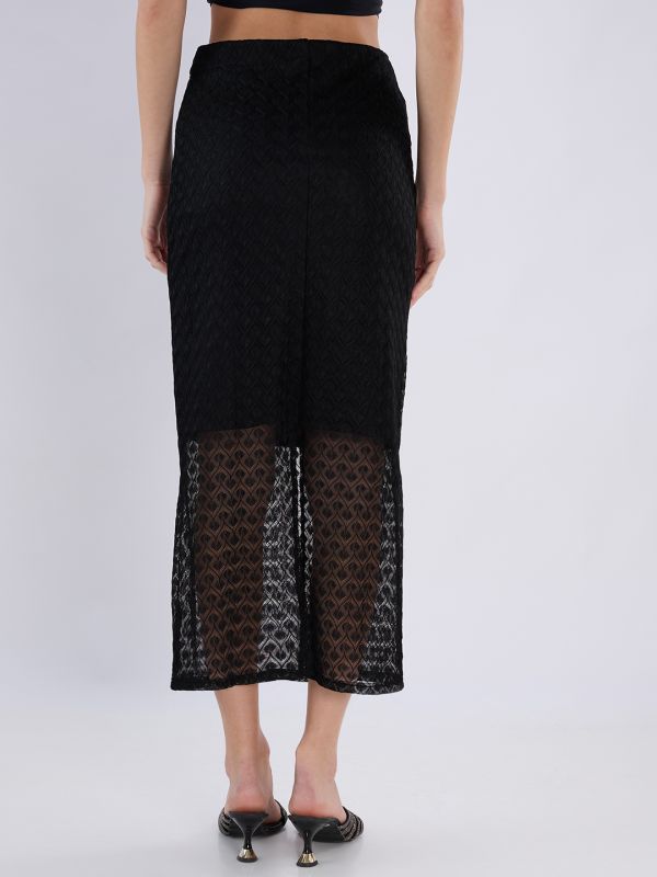Globus Women Black Mid Rise Self Design Lace Midi Pencil Party Skirt