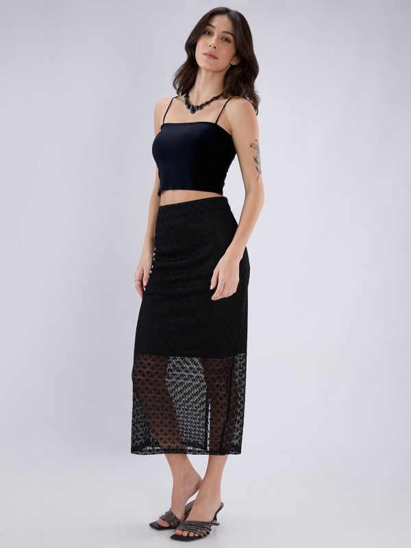 Globus Women Black Mid Rise Self Design Lace Midi Pencil Party Skirt