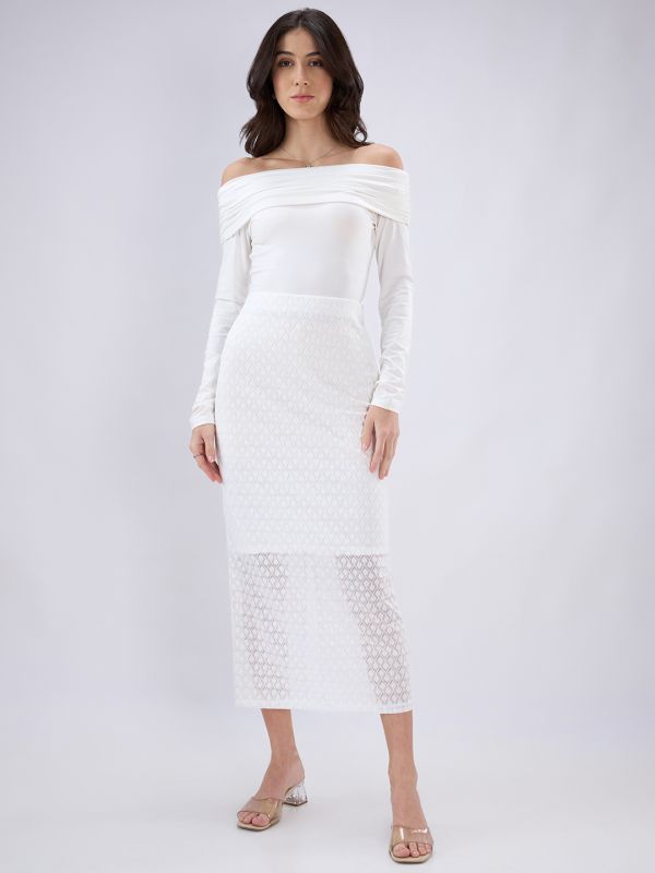 Globus Women White Mid Rise Self Design Lace Midi Pencil Party Skirt